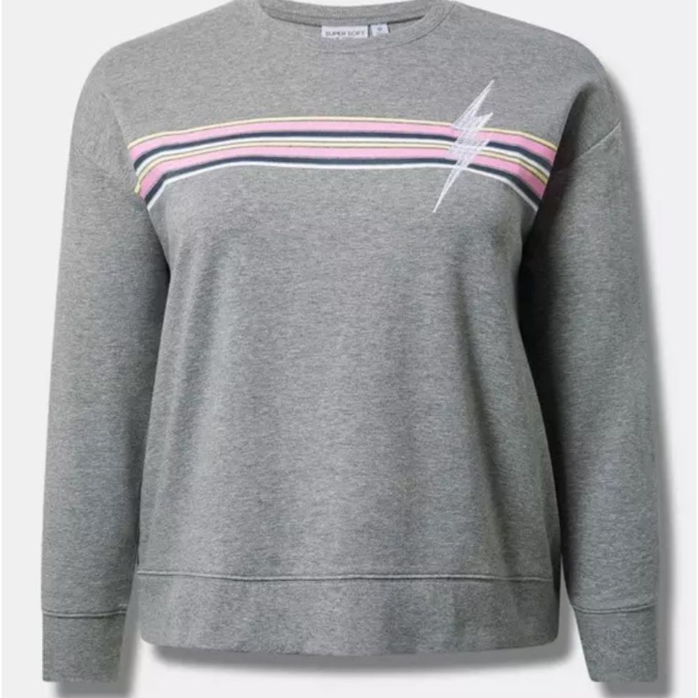 Torrid Super Soft Fleece Crewneck Sweatshirt Gray Pink Stripe Cozy Pullover